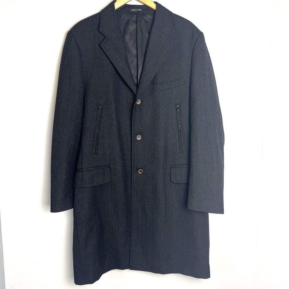 Prima Opera Men 44 Herringbone Made in Italy 3-Button Overcoat Pea Coat Academia